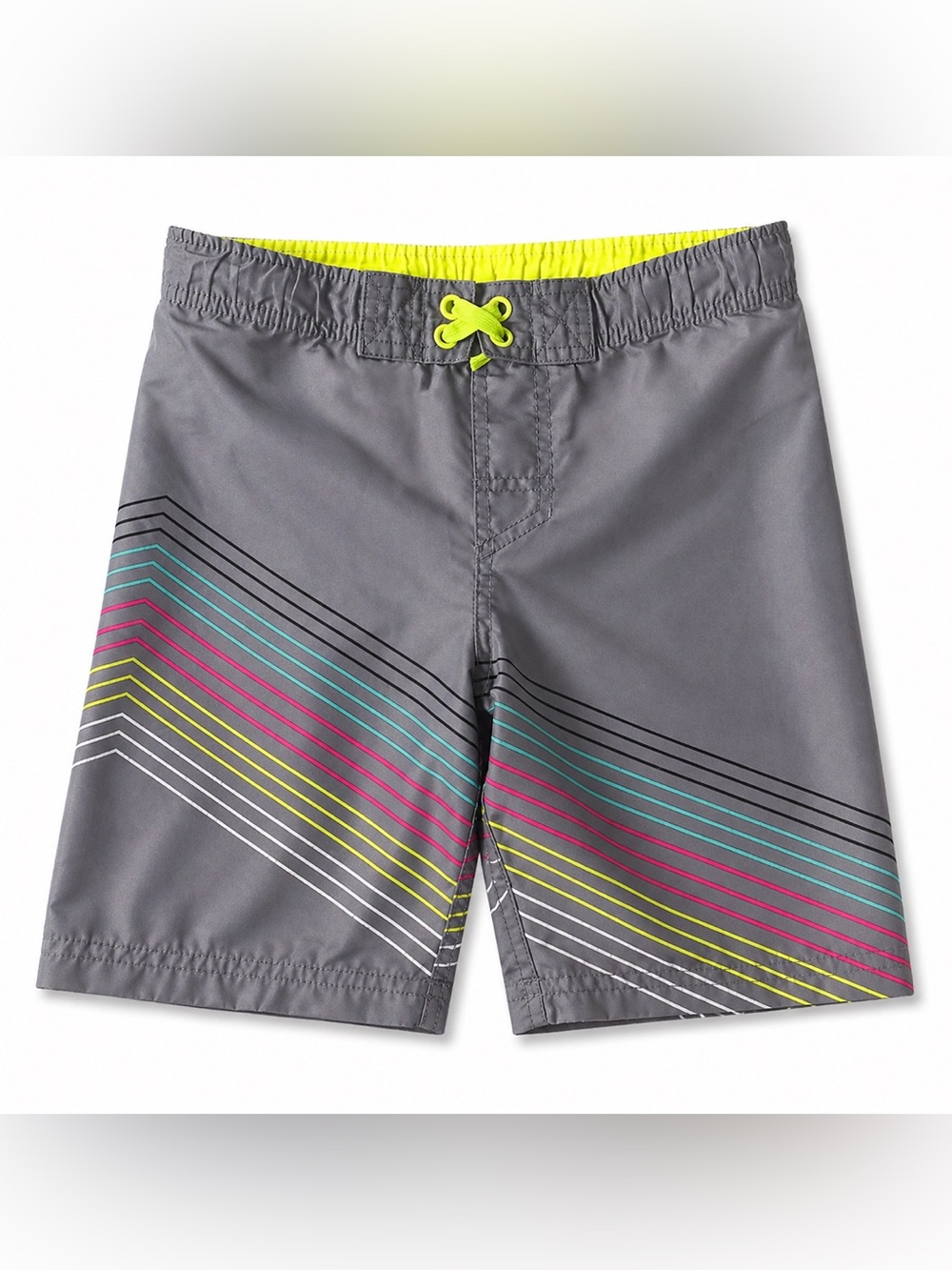 Cat & Jack Boys Swim Trunks Size 6/7 Gray Neon Stripe Board Shorts Beach Summer